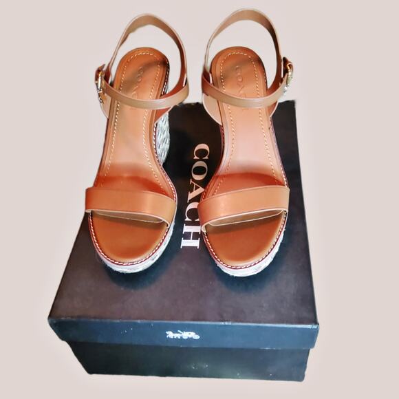 COACH HIGH HEEL ESPADRILLE WEDGE SANDAL SIZE 10 IN COLOR SADDLE - Picture 2 of 9
